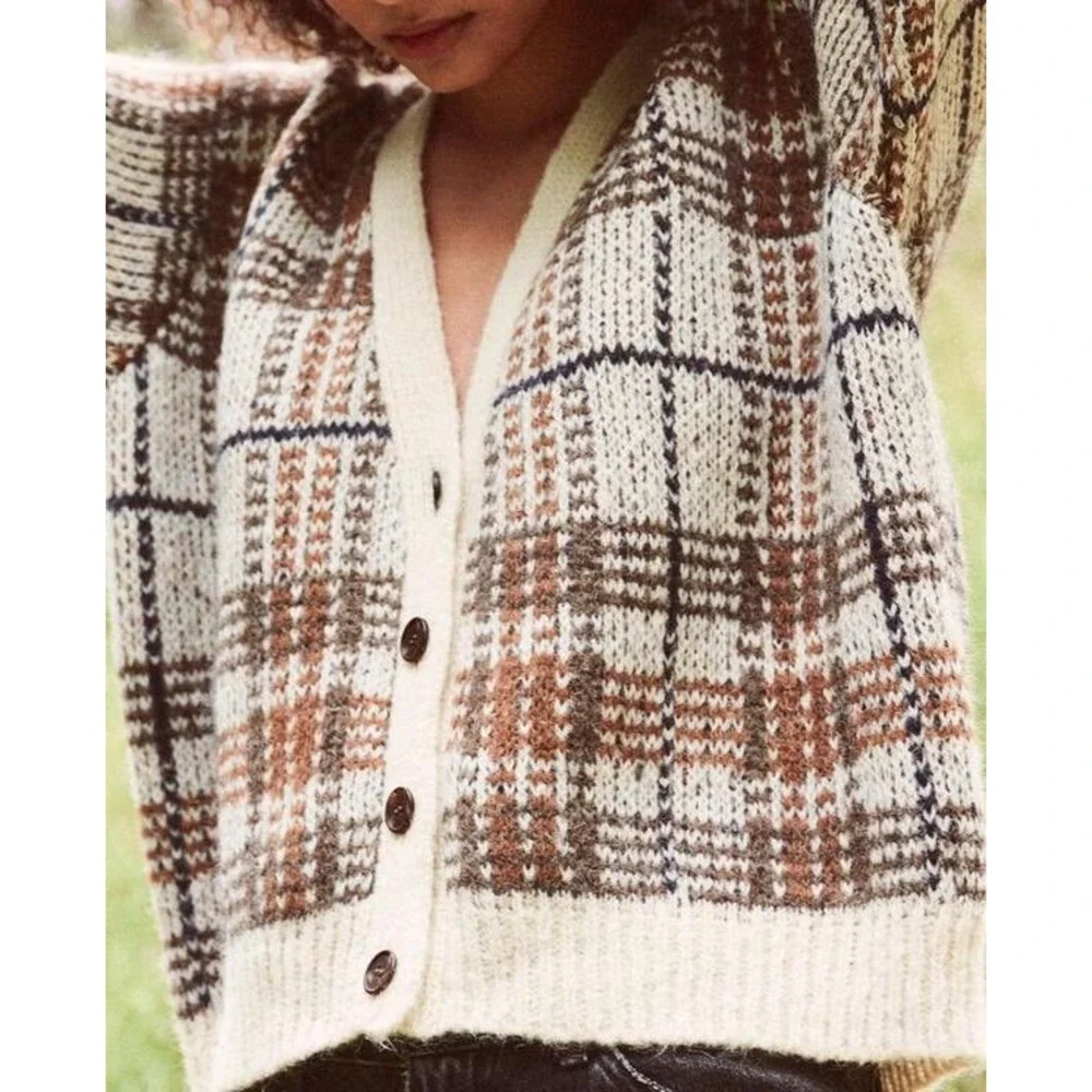 THE GREAT. | Estate Reversible Cardigan 3/Large Toasted Plaid Alpaca Wool Blend - Picture 6 of 15